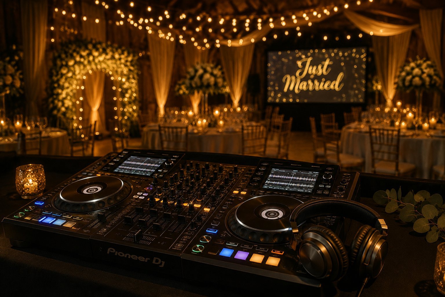 Console DJ professionnelle dans une salle de mariage décorée, illustration comment choisir son DJ de mariage BLK Production