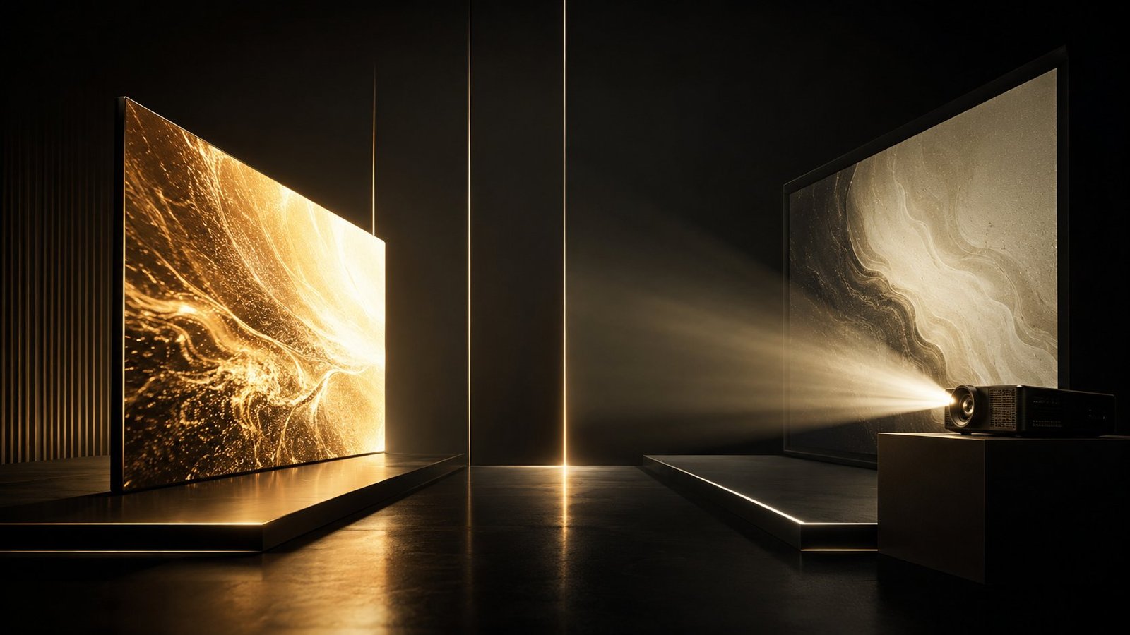 Comparaison visuelle entre un écran doré et une projection lumineuse, illustration écran LED ou vidéoprojecteur BLK Production