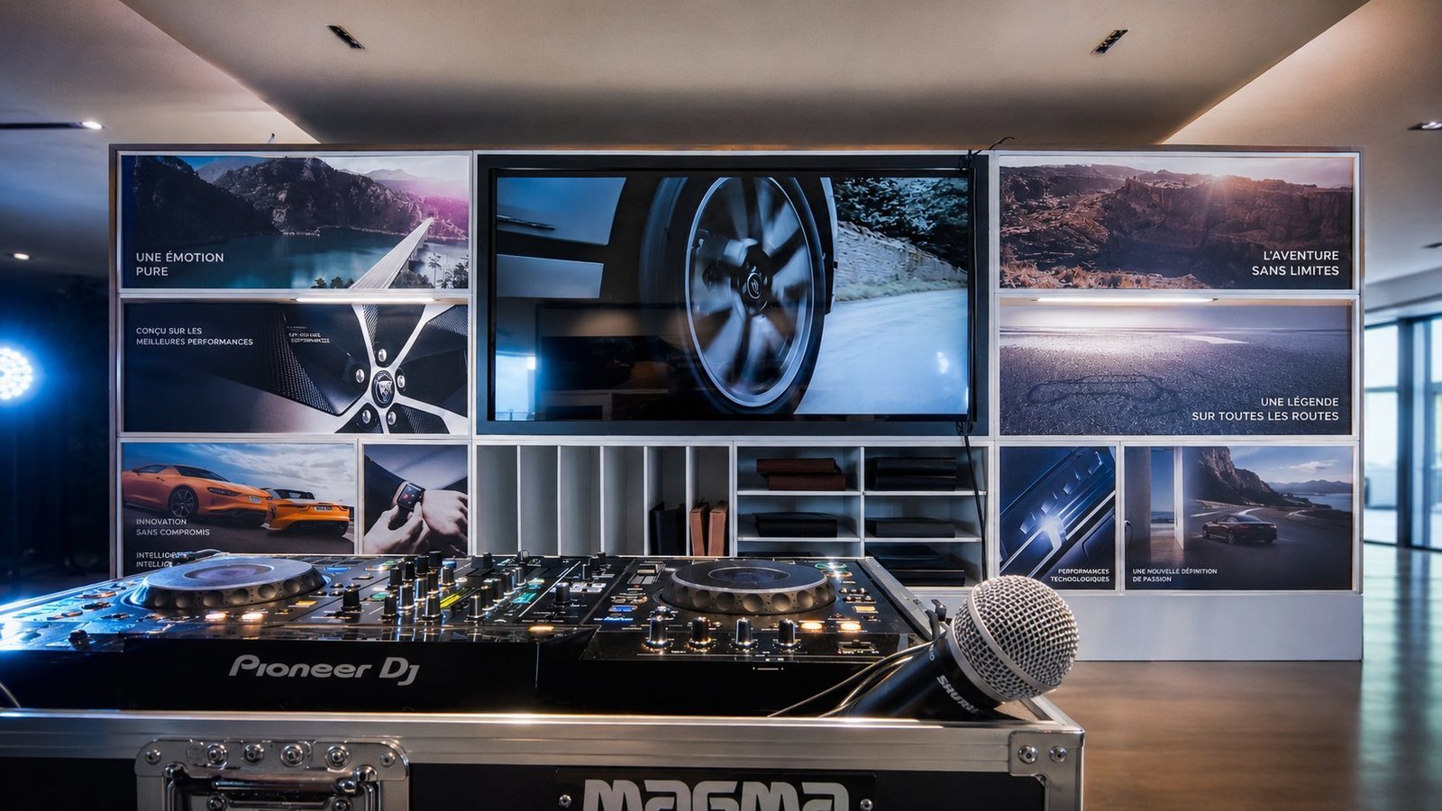 Inauguration showroom Jaguar par BLK Production, mur de visuels HD avec messages 'Une émotion pure', 'L'aventure sans limites', 'Une légende sur toutes les routes', écran central diffusant un véhicule Jaguar, régie DJ Pioneer et flightcase Magma en premier plan