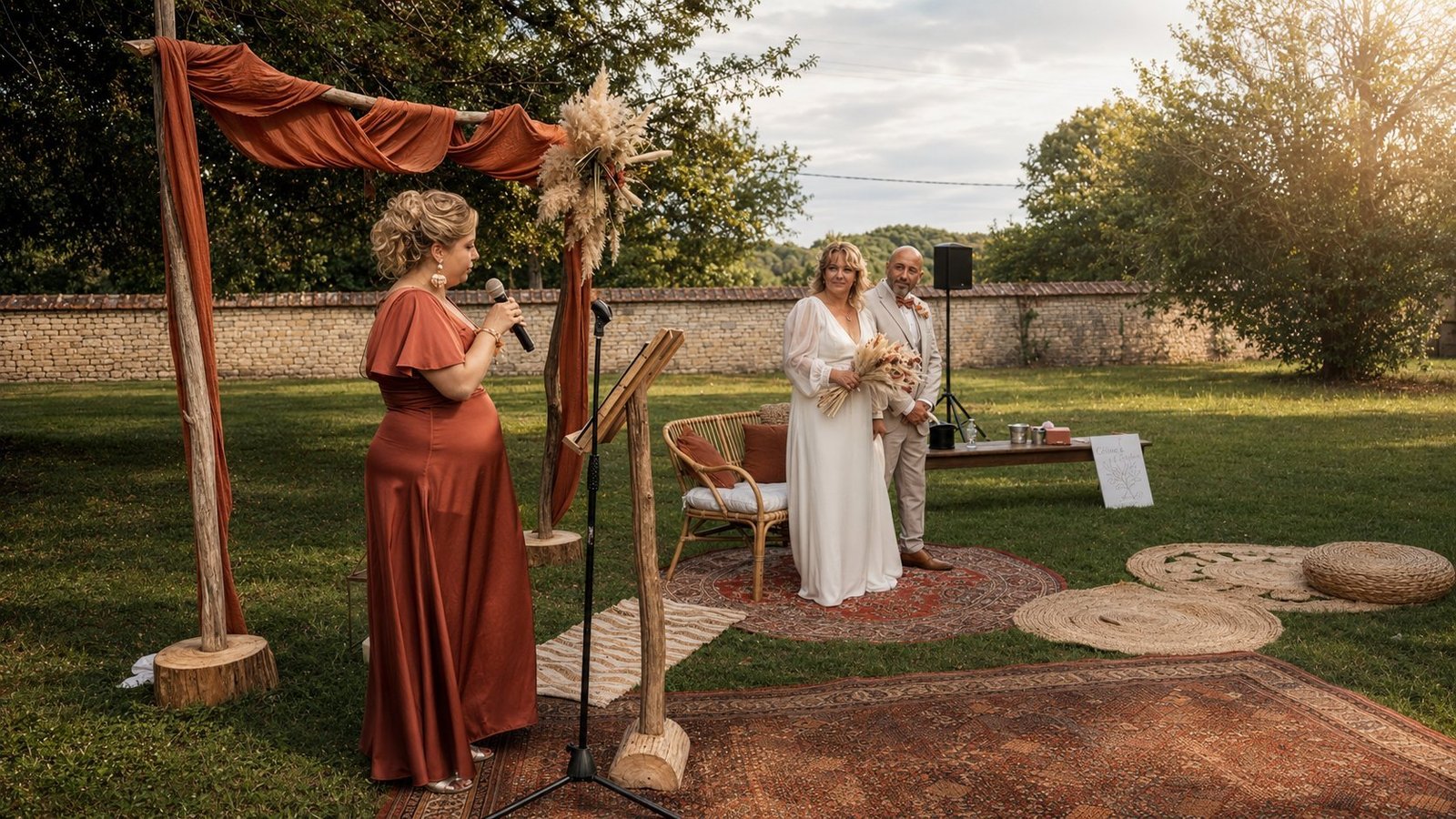 Cérémonie laïque de mariage en extérieur sonorisée par BLK Production, arche en bois avec voilage rouille bohème et bouquet de pampas, officiante en robe terracotta avec micro main, mariés sur tapis berbères devant un mur en pierre, enceinte sur pied discrète à droite, lumière chaude de fin d'après-midi
