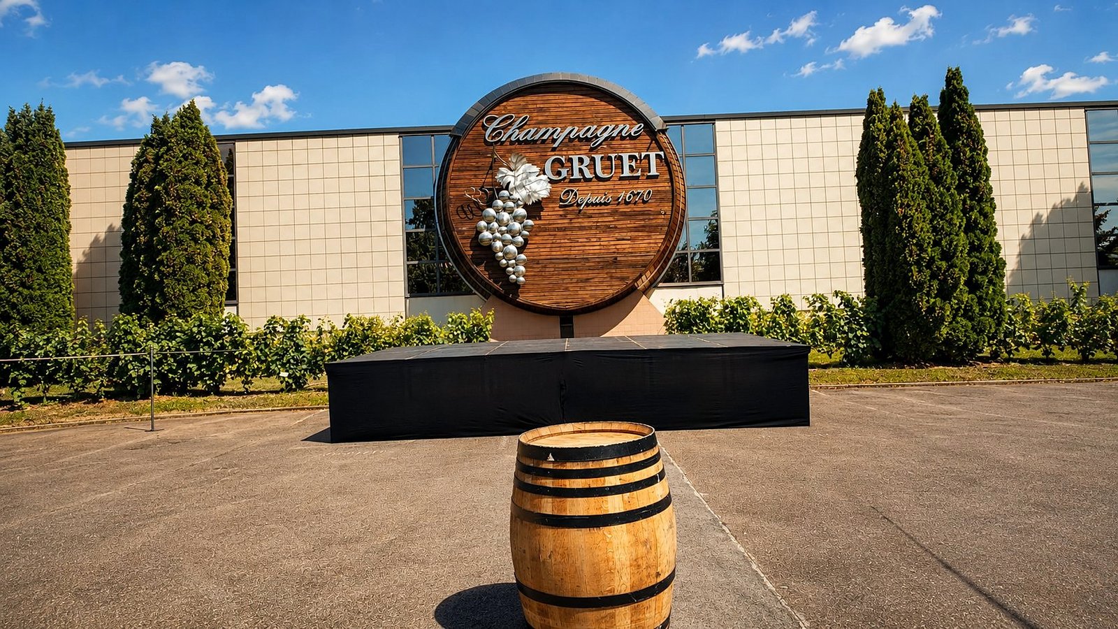 Location de scène extérieure pour Champagne Gruet lors de la Route du Champagne en été, podium habillé noir devant la maison de champagne historique depuis 1670 avec tonneau de mise en valeur
