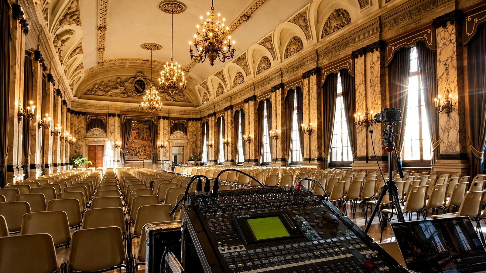 Séminaire de La Commanderie du Saulte Bouchon Champenois, cérémonie d'intronisation des chevaliers à l'Hôtel de Ville de Troyes, salle de réception monumentale avec lustres et sonorisation Yamaha BLK Production