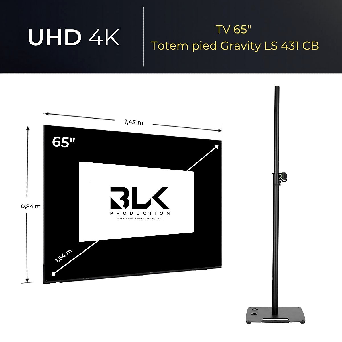 Location écran TV 65 pouces sur pied Gravity BLK Production, écran UHD 4K en mode portrait sur stand professionnel