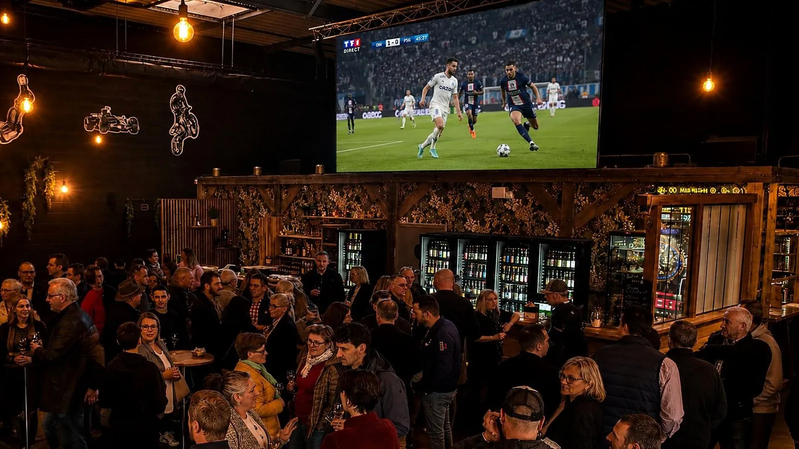 Le CAJU, écran LED au-dessus du bar un soir de match
