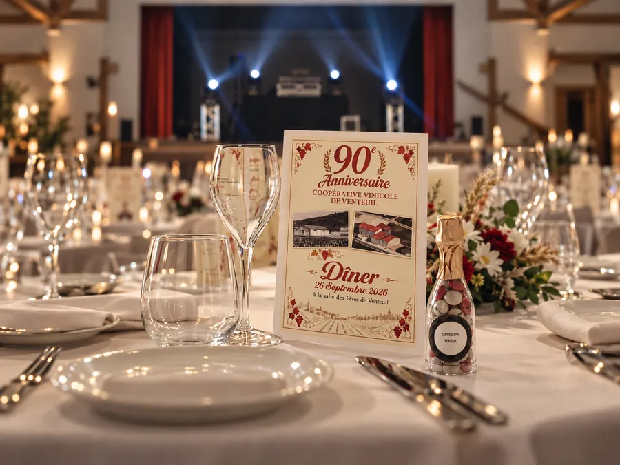 Menu du dîner des 90 ans de la Coopérative vinicole de Venteuil, scène éclairée au fond