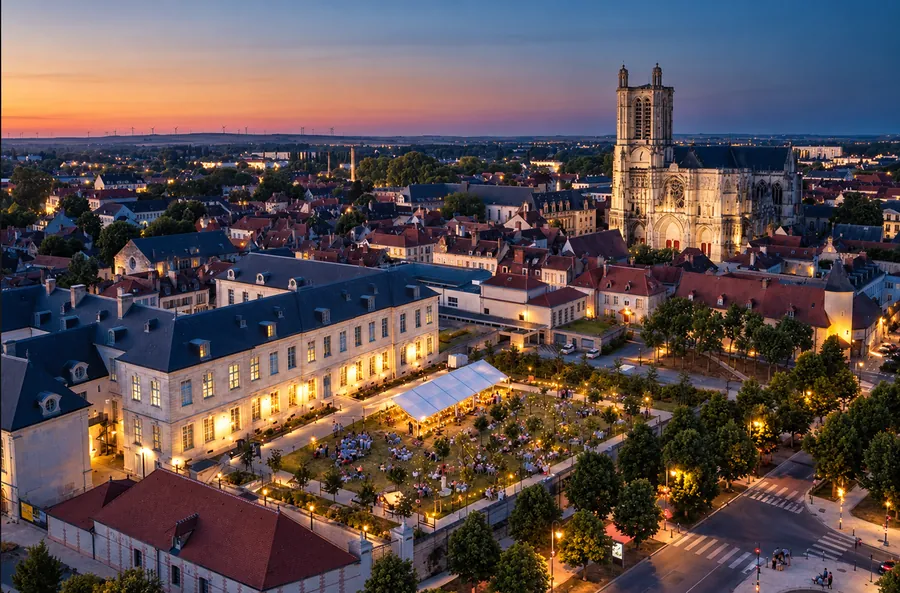 Vue aérienne des jardins de la Cité du Vitrail à Troyes à la tombée de la nuit : chapiteau, tables et public dans les jardins illuminés, cathédrale éclairée au fond