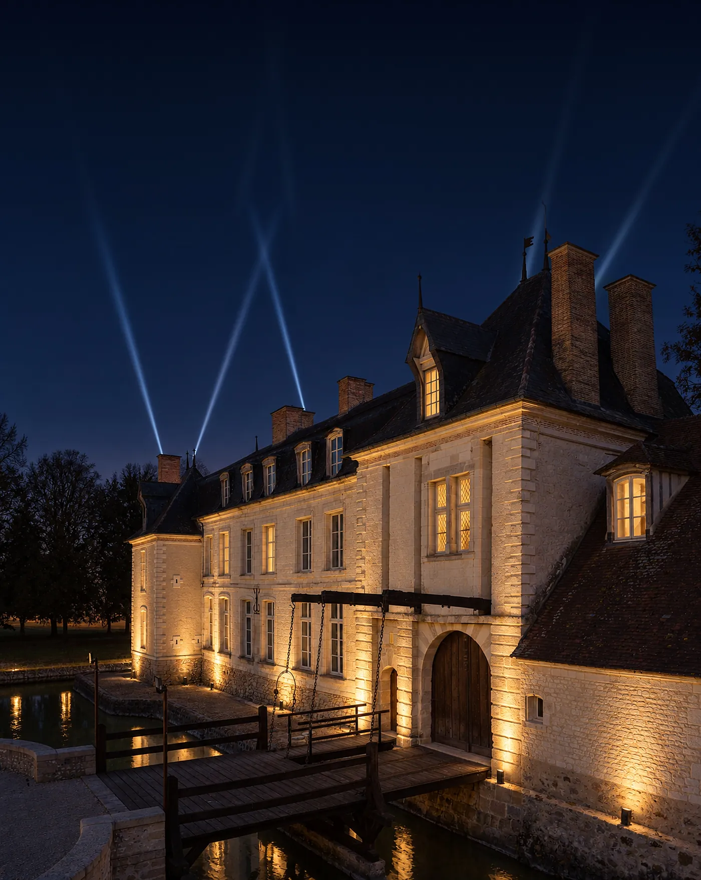 Le Château de Droupt-Saint-Basle de nuit, façade éclairée et faisceaux de lyres dans le ciel, visuel du réveillon 2026