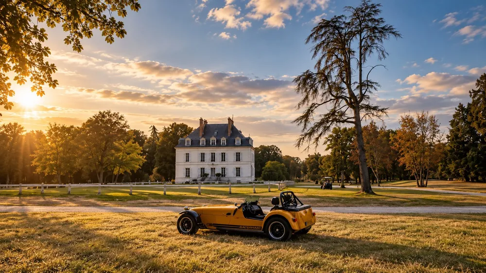 Une Caterham jaune dans le parc du Domaine de Roncemay
