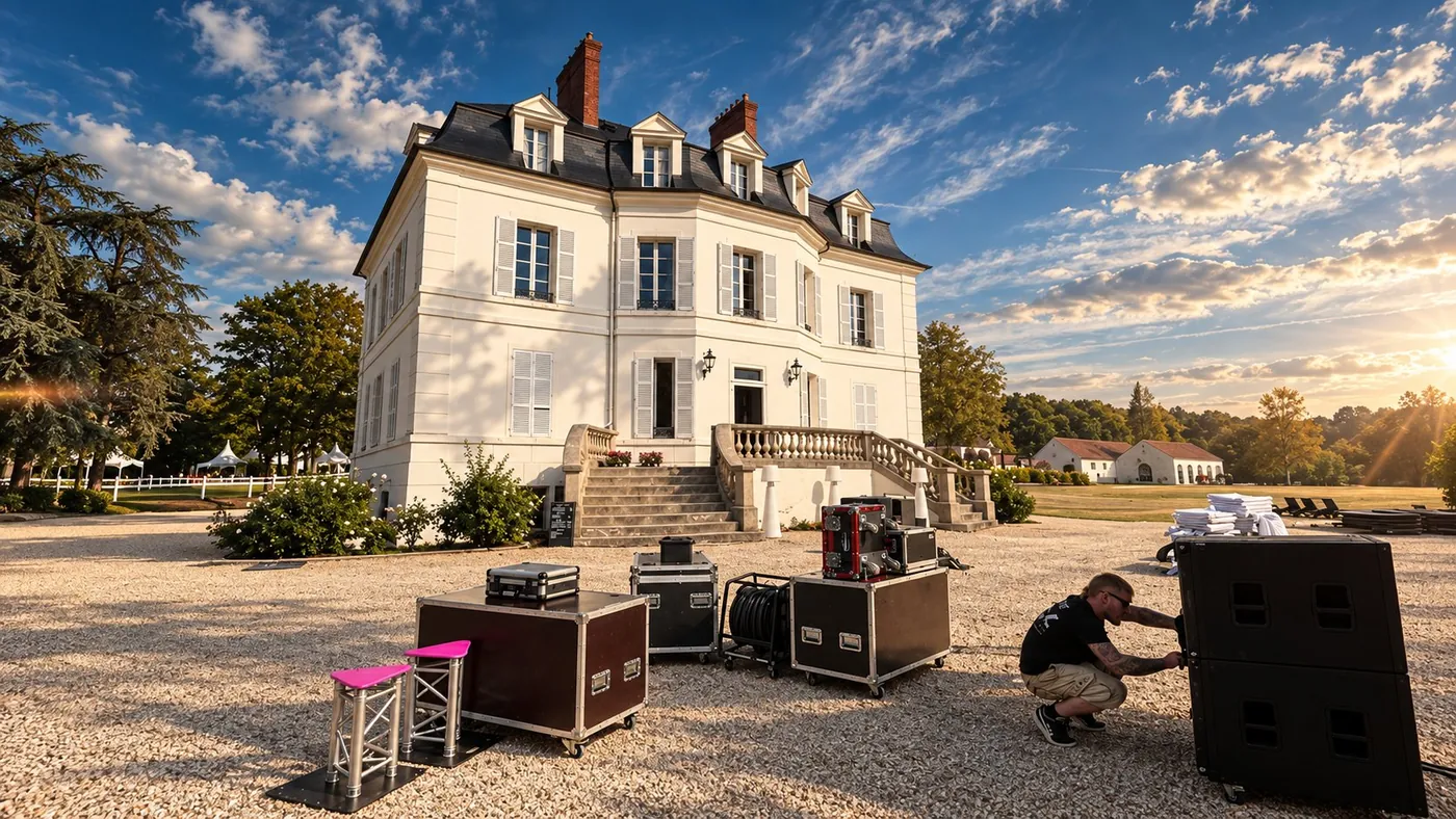 Montage devant le château : flight cases et technicien BLK