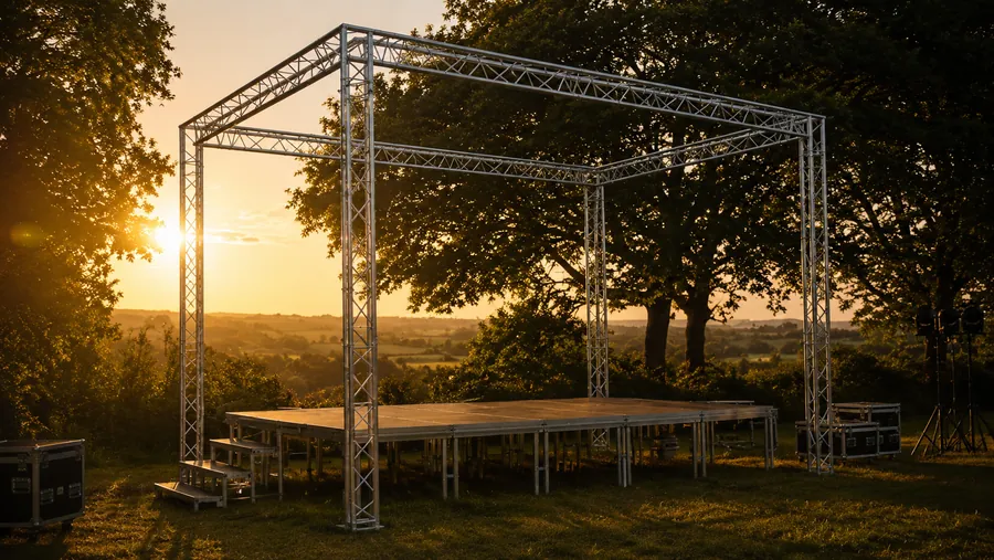 Scène sur praticables et portique en structure aluminium, montée en extérieur au coucher du soleil