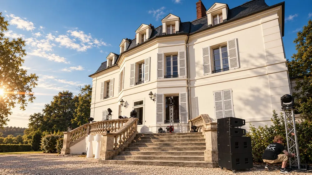 Façade du château de Roncemay, lyres et line array